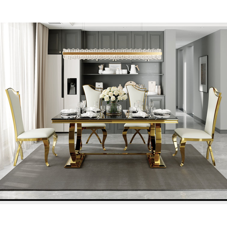 White Faux Leather and Gold Metal Parsons Dining Chairs Set of 6