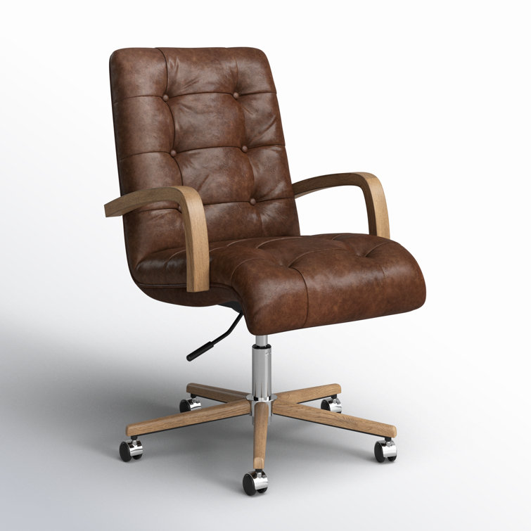 Cocoa Genuine Leather Swivel Task Chair with Wood Frame