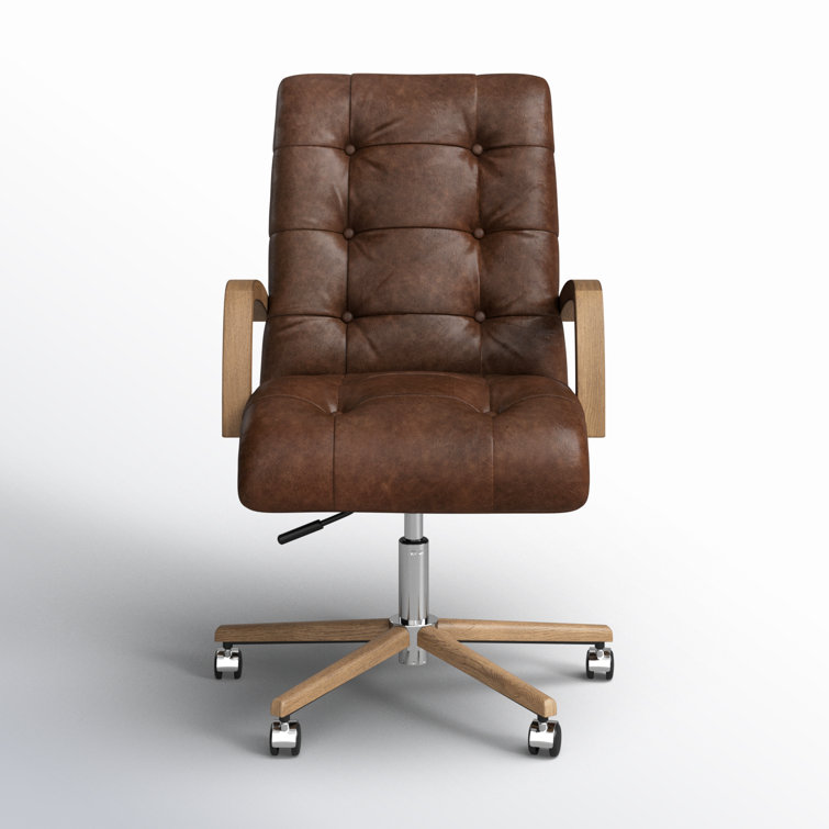 Cocoa Genuine Leather Swivel Task Chair with Wood Frame