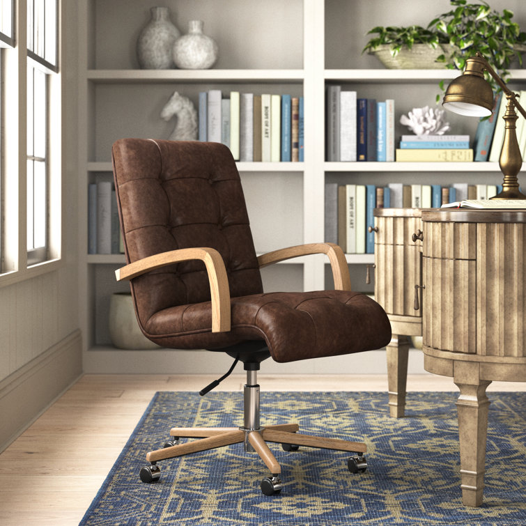Cocoa Genuine Leather Swivel Task Chair with Wood Frame