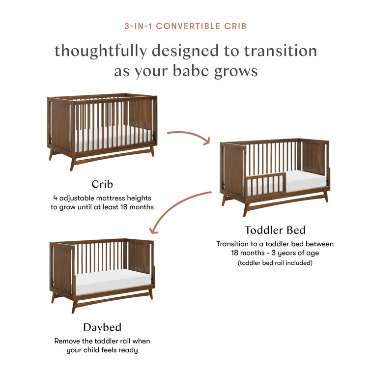 Natural Walnut Mid-Century Modern 3-in-1 Convertible Crib