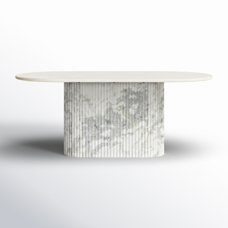 Polished White Marble Oval Dining Table with Fluted Base