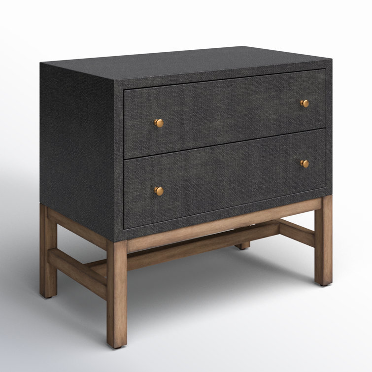 Black Raffia and Mahogany 2-Drawer Nightstand