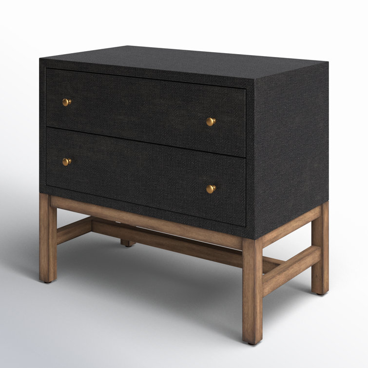 Black Raffia and Mahogany 2-Drawer Nightstand