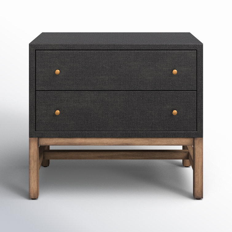 Black Raffia and Mahogany 2-Drawer Nightstand