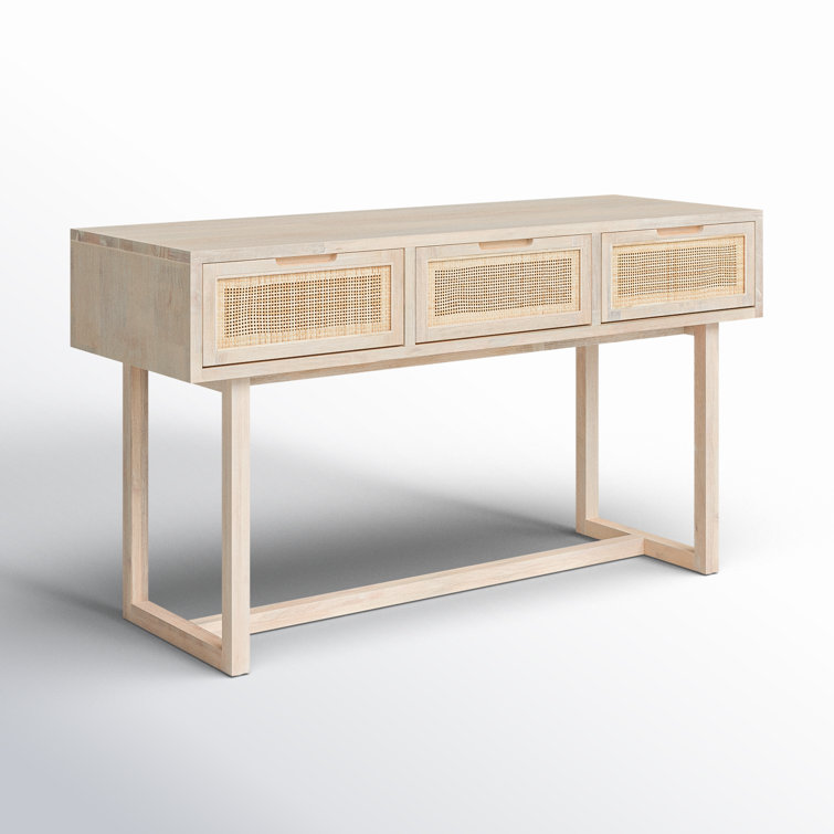 Mid-Century Modern Whitewashed Mango Wood Console Table with Cane Drawers