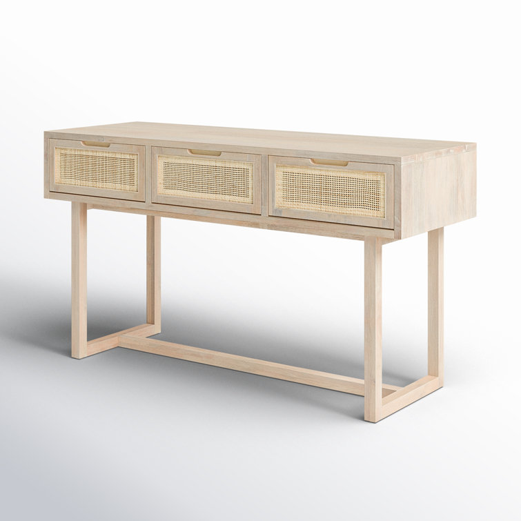 Mid-Century Modern Whitewashed Mango Wood Console Table with Cane Drawers