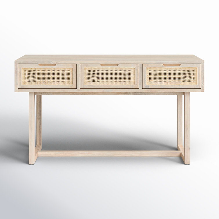 Mid-Century Modern Whitewashed Mango Wood Console Table with Cane Drawers