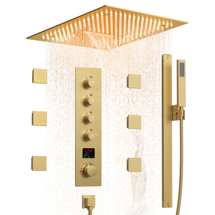 Large Brushed Gold LED Ceiling Mount Shower System