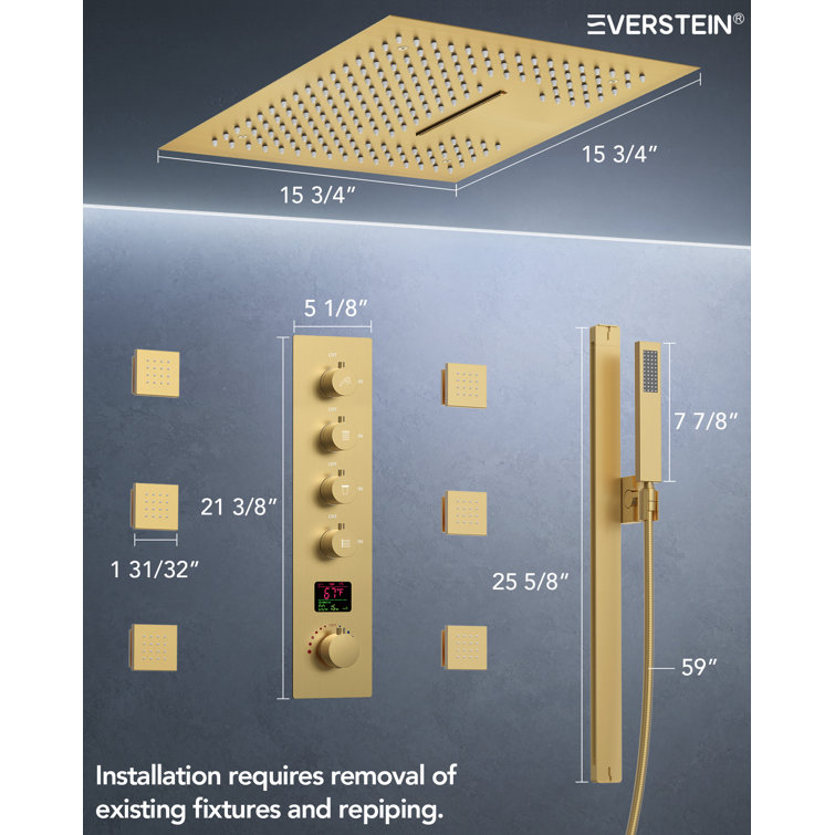 Large Brushed Gold LED Ceiling Mount Shower System