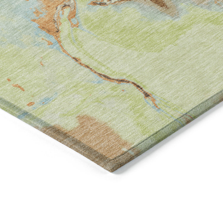 Aloe Green Abstract Washable Synthetic 3' x 5' Rug