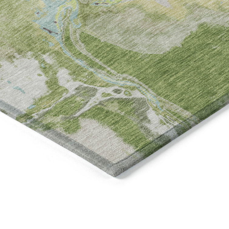 Green Abstract Synthetic Washable Indoor Outdoor Rug