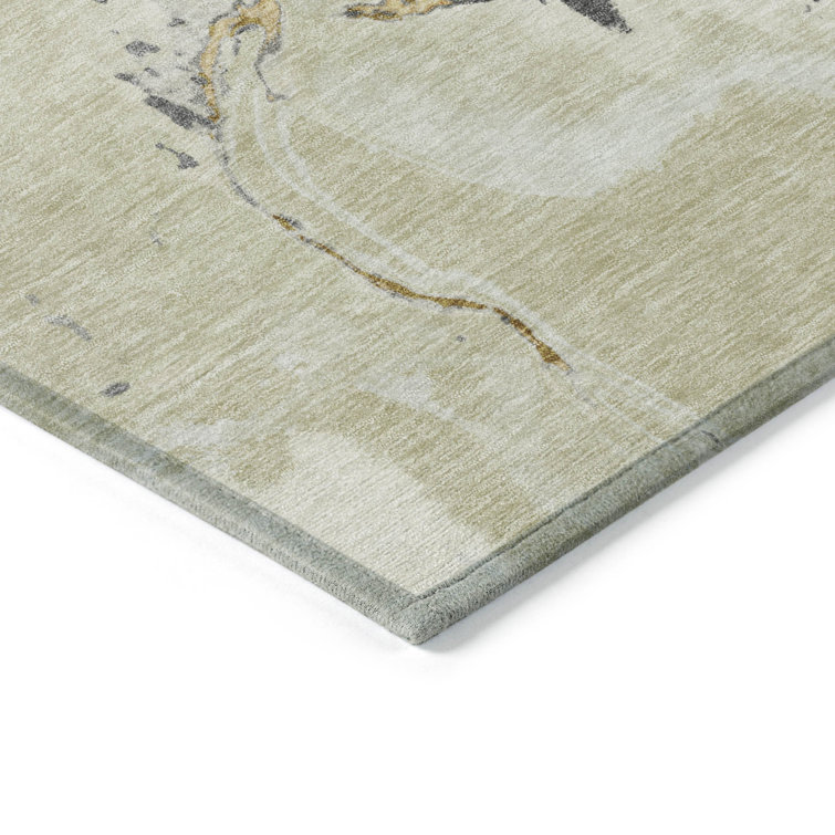 Ivory Abstract Washable Synthetic Rectangular Rug 3' x 5'