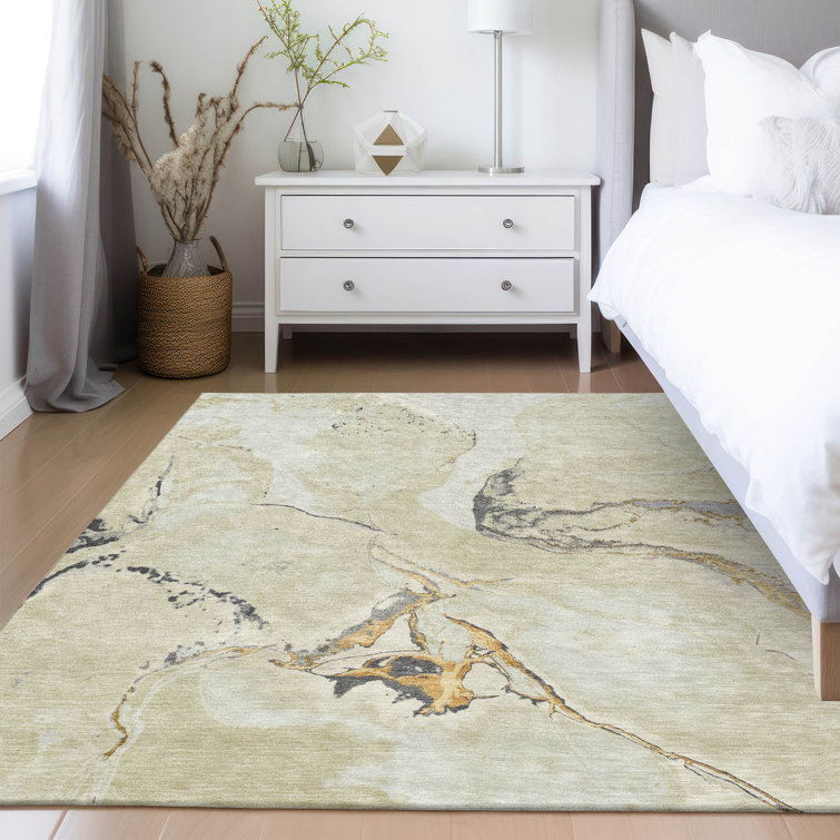 Ivory Abstract Washable Synthetic Rectangular Rug 3' x 5'