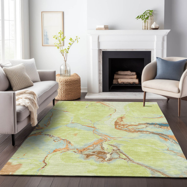 Aloe Green Abstract Washable Synthetic 3' x 5' Rug