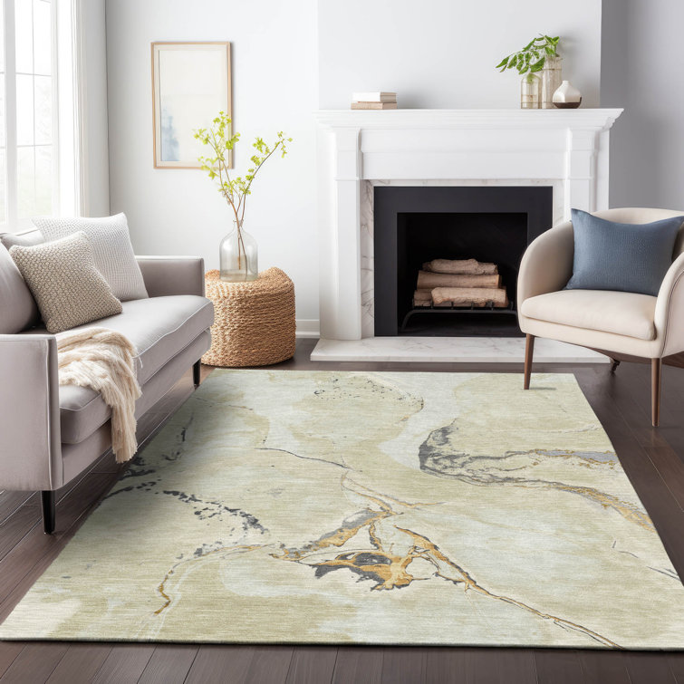 Ivory Abstract Washable Synthetic Rectangular Rug 3' x 5'