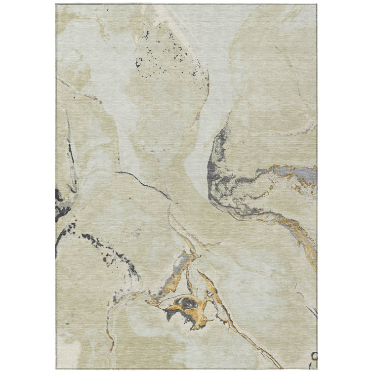 Ivory Abstract Washable Synthetic Rectangular Rug 3' x 5'