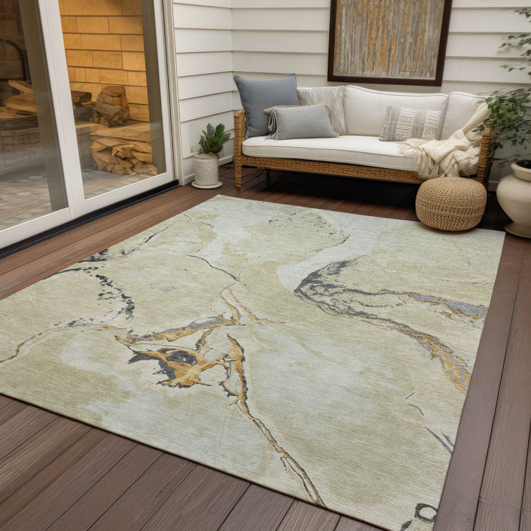 Ivory Abstract Washable Synthetic Rectangular Rug 3' x 5'