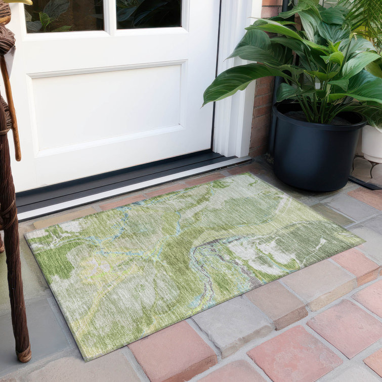 Green Abstract Synthetic Washable Indoor Outdoor Rug