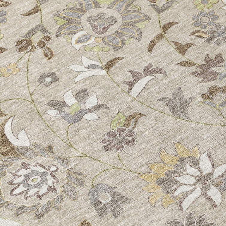 Beige Floral Synthetic Washable Rectangular Rug 20" x 30"