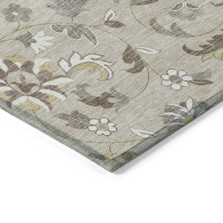 Beige Floral Synthetic Washable Rectangular Rug 20" x 30"