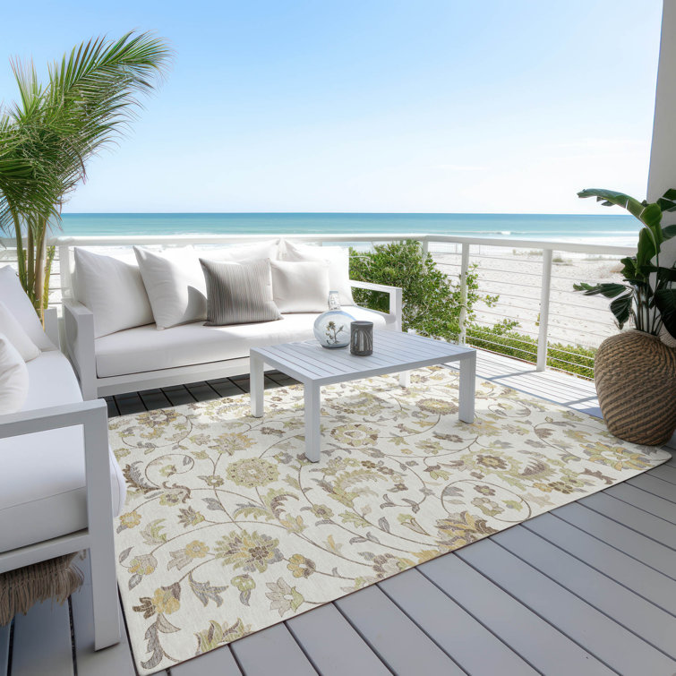 Ivory Floral Pattern Machine Washable Synthetic Rug