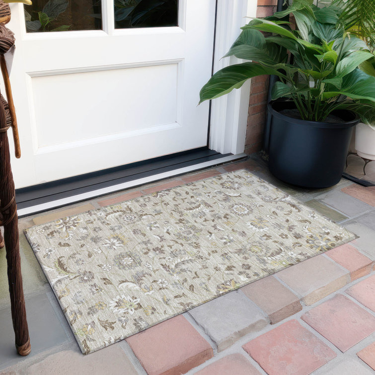 Beige Floral Synthetic Washable Rectangular Rug 20" x 30"