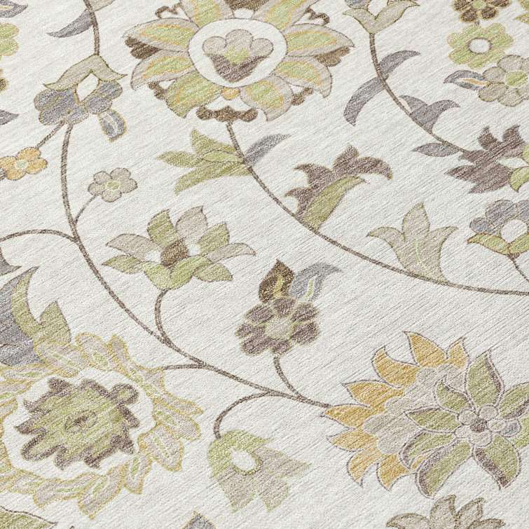 Ivory Floral Pattern Machine Washable Synthetic Rug
