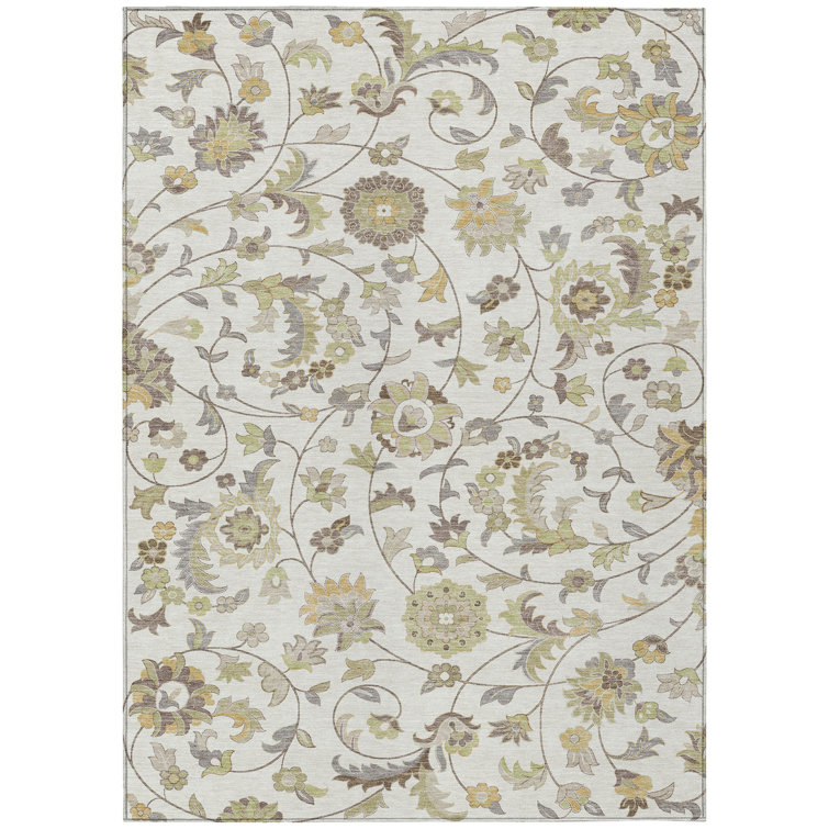 Ivory Floral Pattern Machine Washable Synthetic Rug