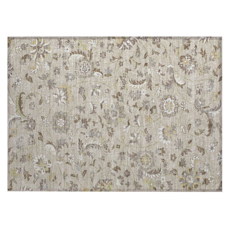 Beige Floral Synthetic Washable Rectangular Rug 20" x 30"