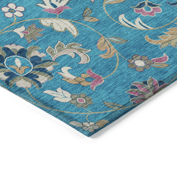 Teal Floral Synthetic Washable Runner Rug 2'3" x 7'6"