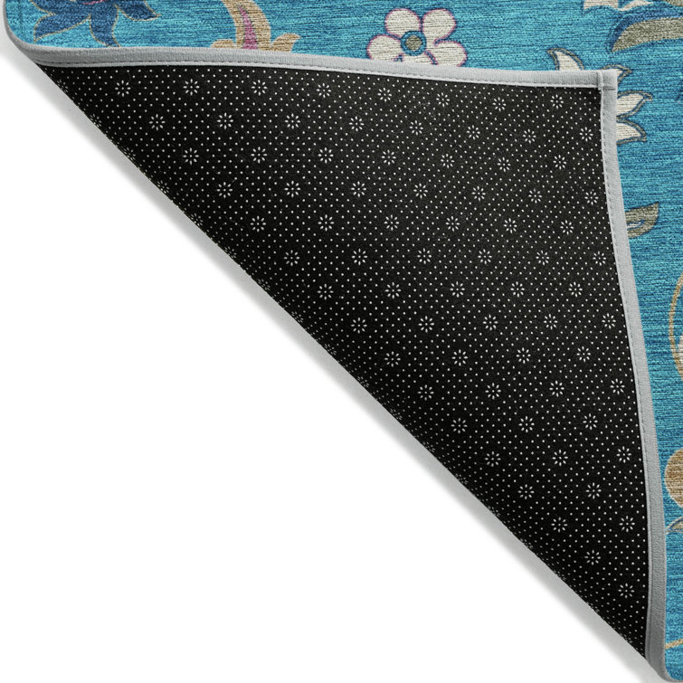 Teal Floral Synthetic Washable Runner Rug 2'3" x 7'6"
