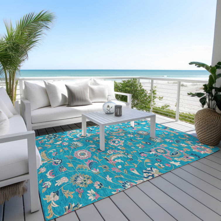 Teal Floral Synthetic Washable Rectangular Area Rug