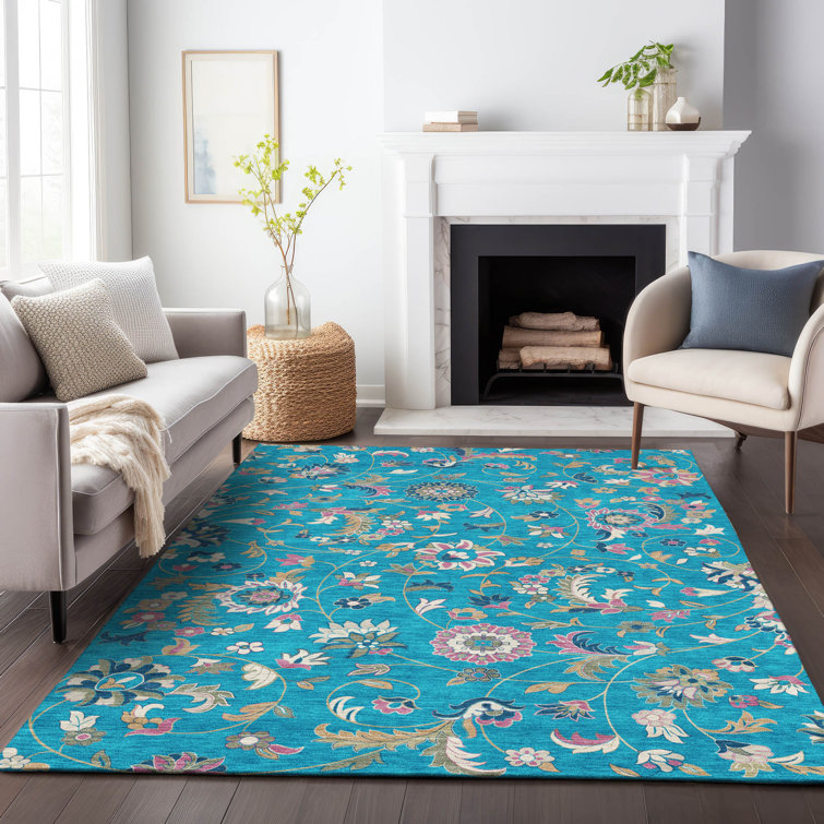 Teal Floral Synthetic Washable Rectangular Area Rug