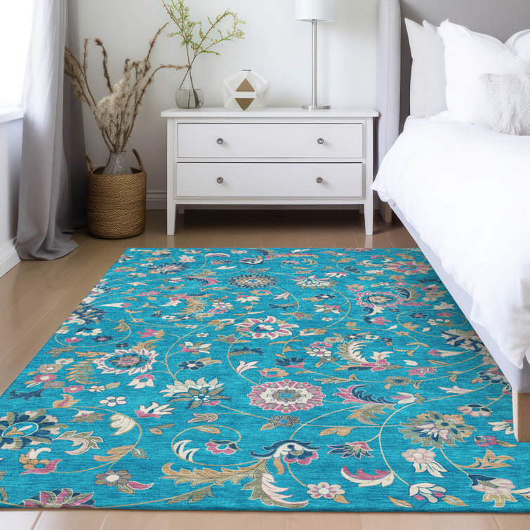 Teal Floral Synthetic Washable Rectangular Area Rug