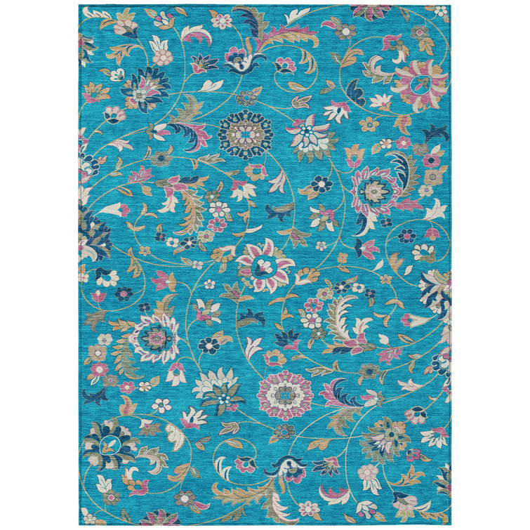 Teal Floral Synthetic Washable Rectangular Area Rug