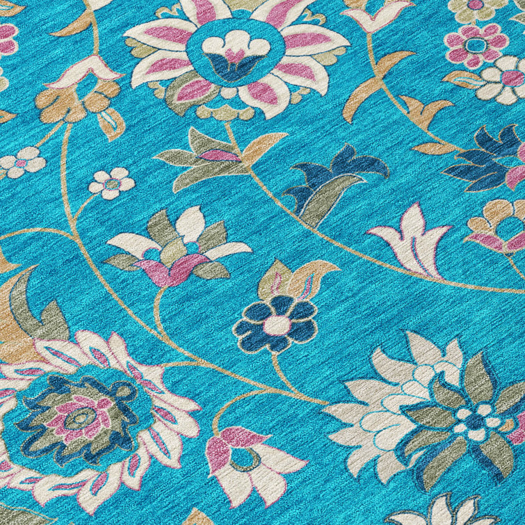 Teal Floral Synthetic Washable Runner Rug 2'3" x 7'6"