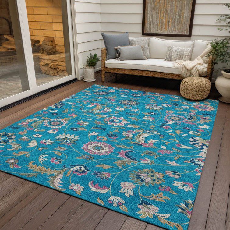 Teal Floral Synthetic Washable Rectangular Area Rug
