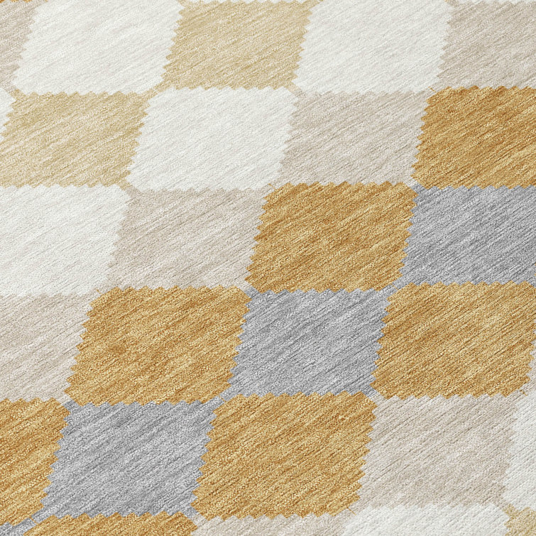 Gold and Gray Diamond Pattern Washable Area Rug