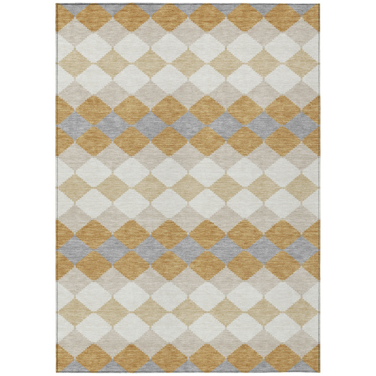 Gold and Gray Diamond Pattern Washable Area Rug