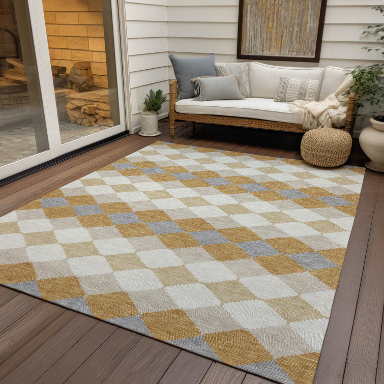 Gold and Gray Diamond Pattern Washable Area Rug