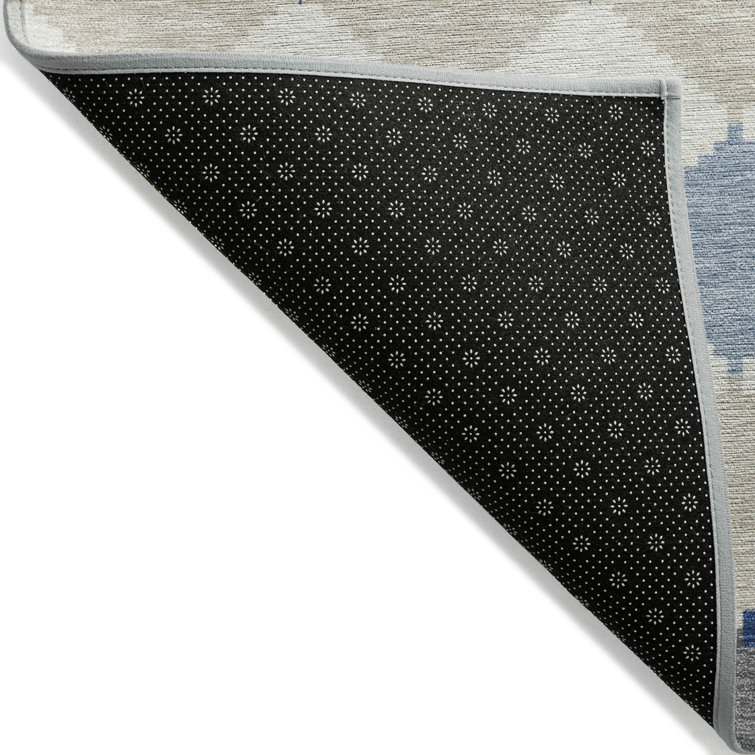 Blue and Beige Diamond Pattern Washable Synthetic Rug