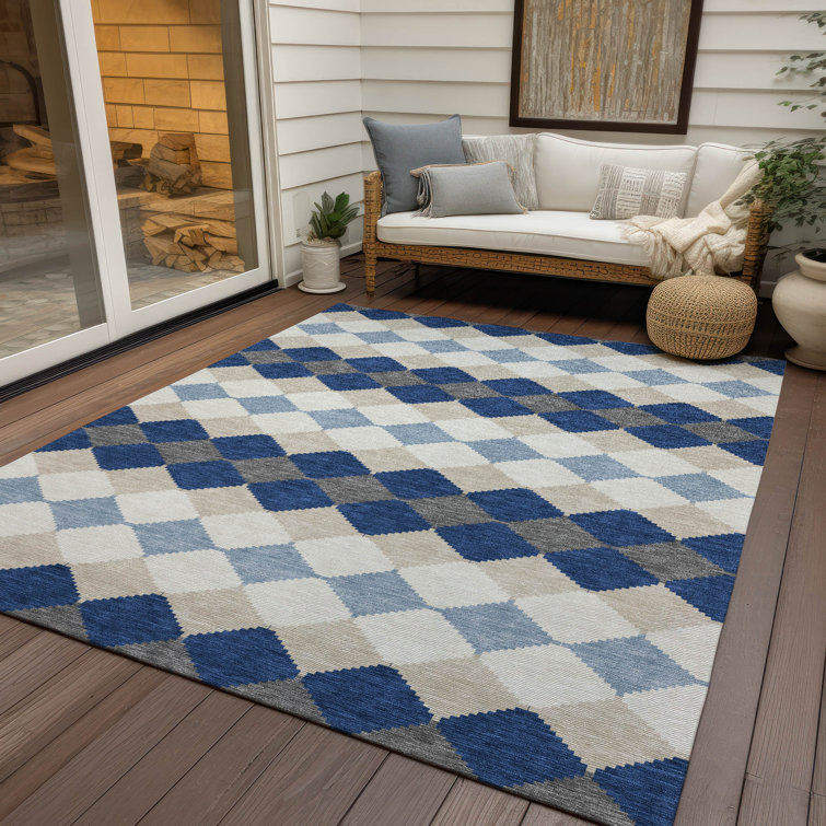 Blue and Beige Diamond Pattern Washable Synthetic Rug