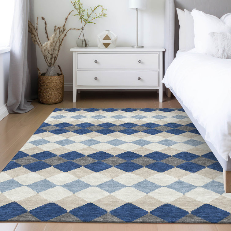 Blue and Beige Diamond Pattern Washable Synthetic Rug