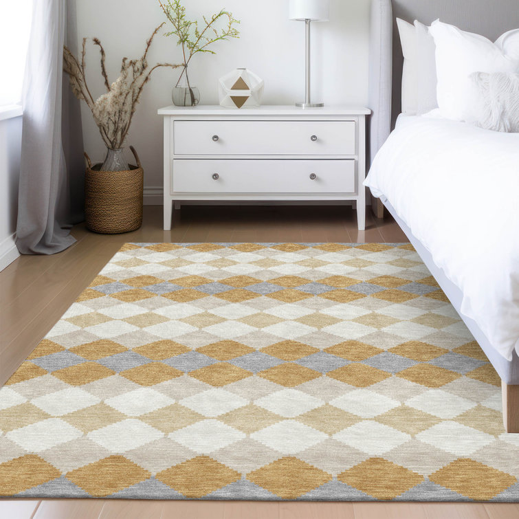 Gold and Gray Diamond Pattern Washable Area Rug