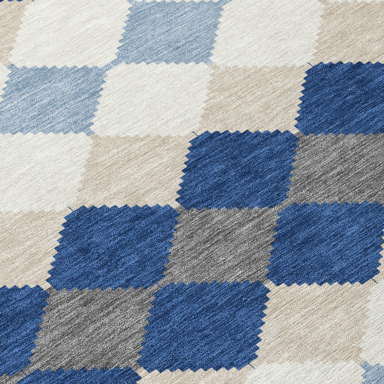 Blue and Beige Diamond Pattern Washable Synthetic Rug