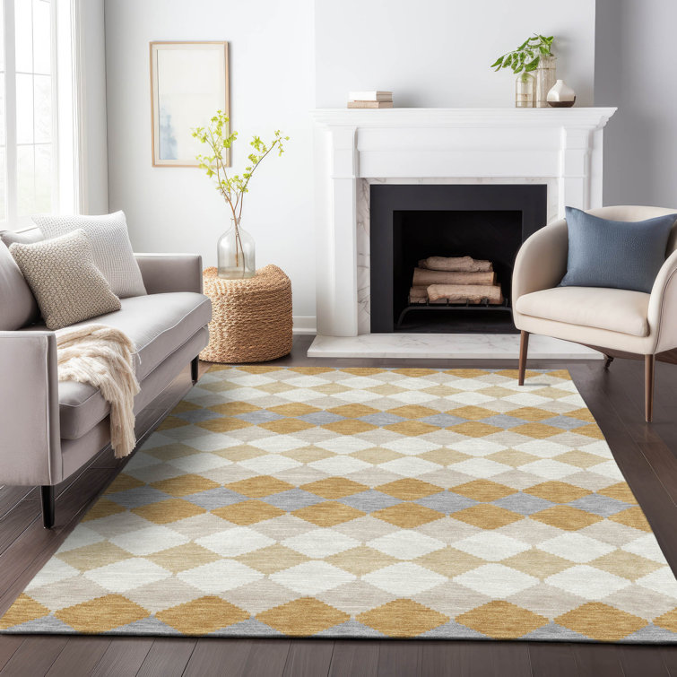Gold and Gray Diamond Pattern Washable Area Rug