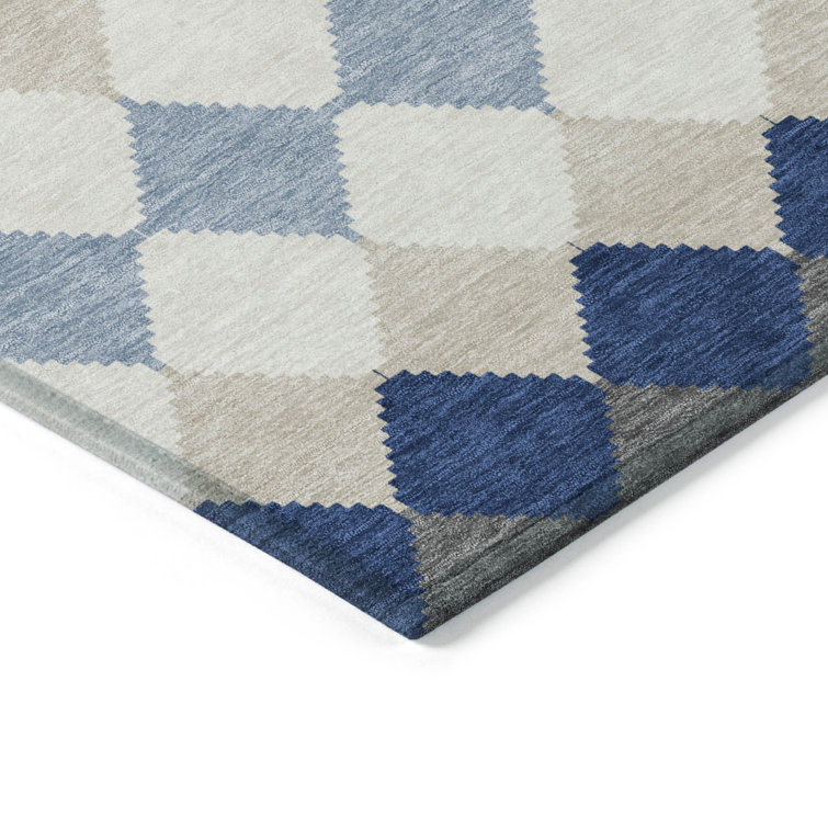 Blue and Beige Diamond Pattern Washable Synthetic Rug