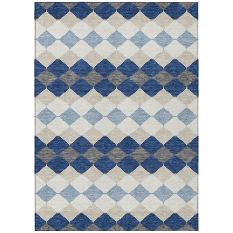 Blue and Beige Diamond Pattern Washable Synthetic Rug