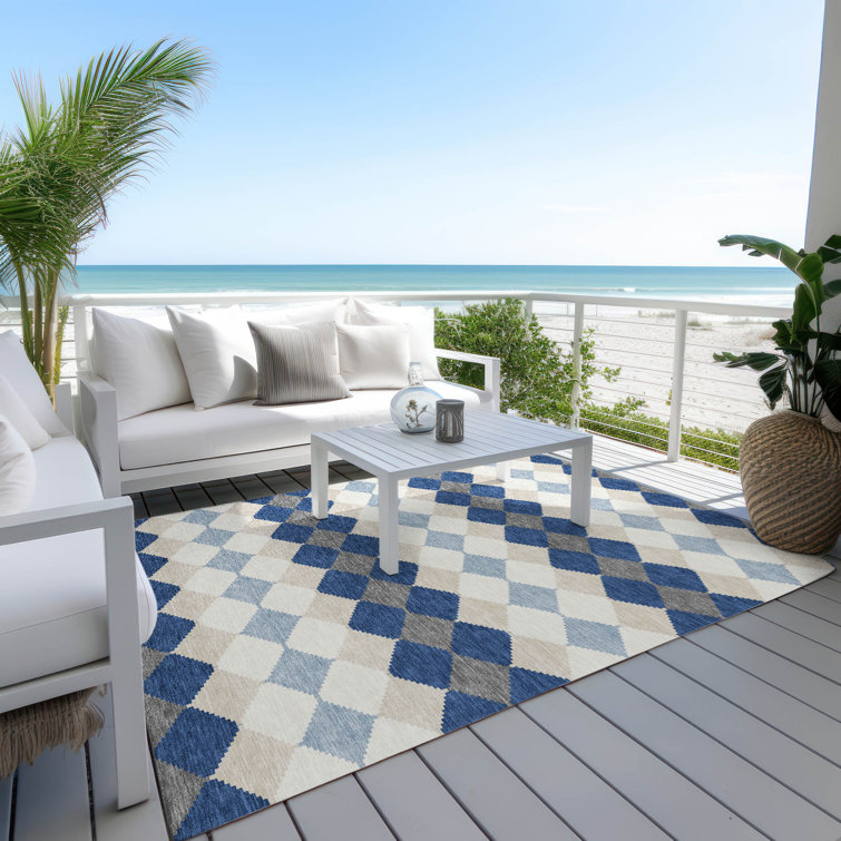 Blue and Beige Diamond Pattern Washable Synthetic Rug